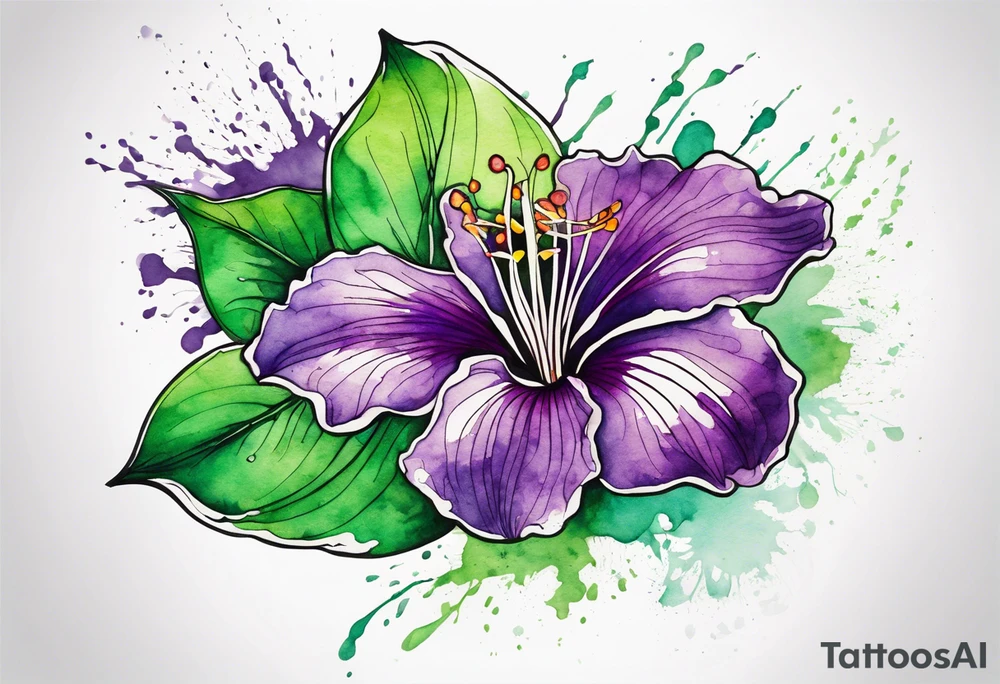 An outline of a green rio dipladenia flower and a purple watercolor splash in the background tattoo idea