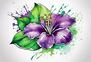 An outline of a green rio dipladenia flower and a purple watercolor splash in the background tattoo idea