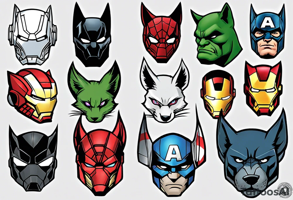 I want to change Avengers Team characters with animals. Hulk will be Badger, Thor will be Alpha Grey Wolf, Captain America will be Bull, Iron Man will be Canary, Black Widow will be Axolotl, Hawk Eye will be Sudan Plated Lizard and Nick Fury will be Cat. tattoo idea