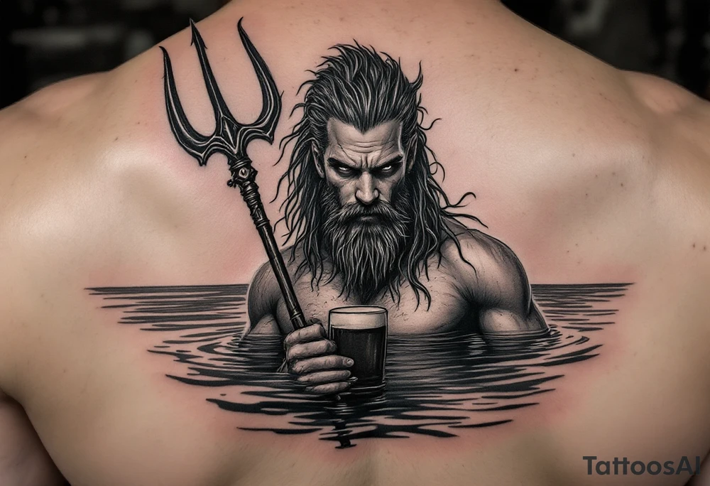 young, fit poseidon in calm water, behind a trident, holding a beer, looking at you tattoo idea