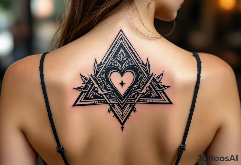 A triangle with a big heart in the center with a world travel theme tattoo idea