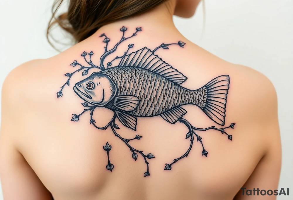 Fish intertwined with climbing vines and thorny vines tattoo idea