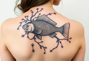 Fish intertwined with climbing vines and thorny vines tattoo idea