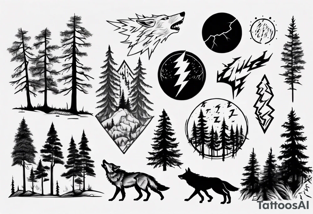 lightning over forest with wolf howling tattoo idea