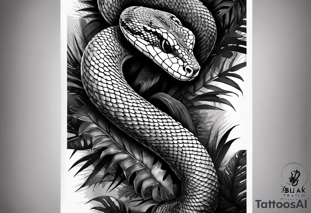 Black and grey realism with a pit viper snake rainforest background for a forearm sleeve. Create the snake to have aggressive features, coiled and mouth open showing fangs tattoo idea