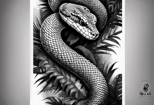 Black and grey realism with a pit viper snake rainforest background for a forearm sleeve. Create the snake to have aggressive features, coiled and mouth open showing fangs tattoo idea