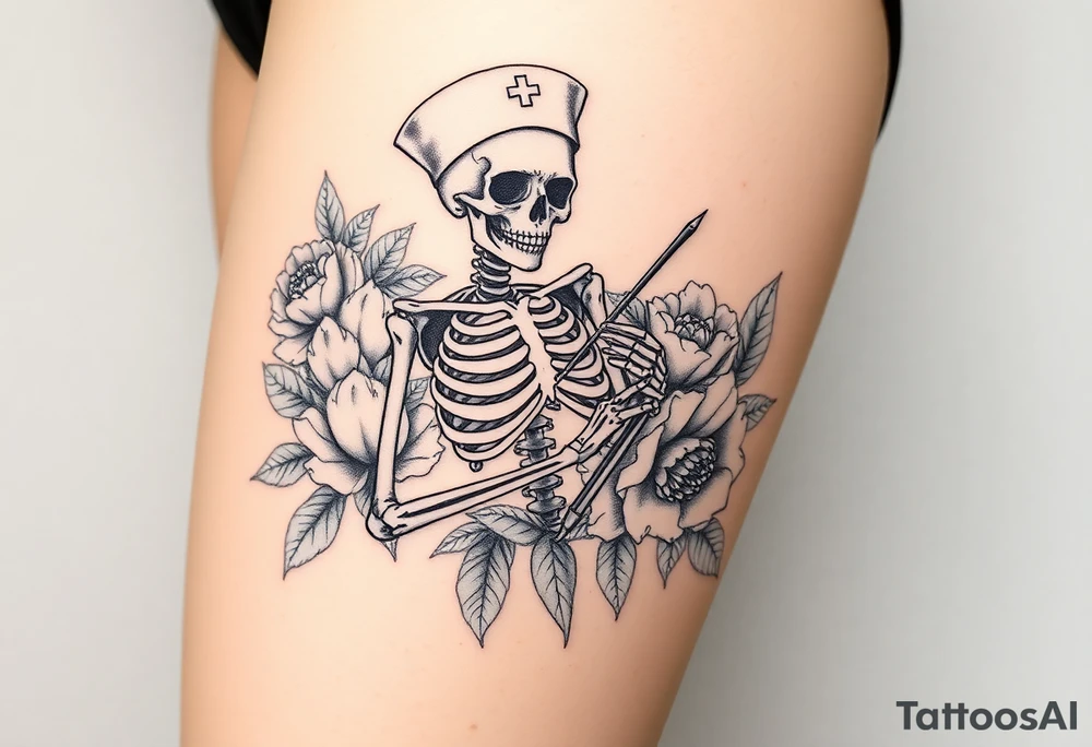 Pretty Nurse skeleton holding a needle with peonies and honey combs background tattoo idea