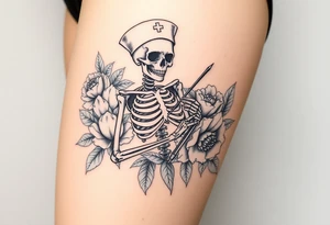 Pretty Nurse skeleton holding a needle with peonies and honey combs background tattoo idea