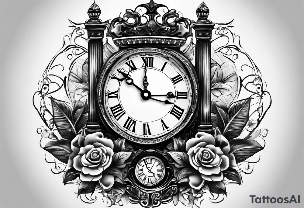 a tattoo mixing a clock and an hourglass in black and white where the year 1979 appears. tattoo idea
