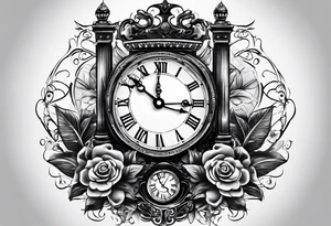 a tattoo mixing a clock and an hourglass in black and white where the year 1979 appears. tattoo idea