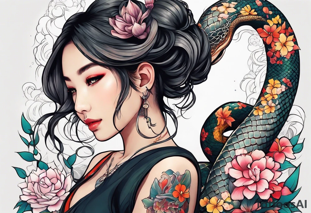 a profile of a girl sitting sideway, sitting on a asian snake surrounded by flowers tattoo idea