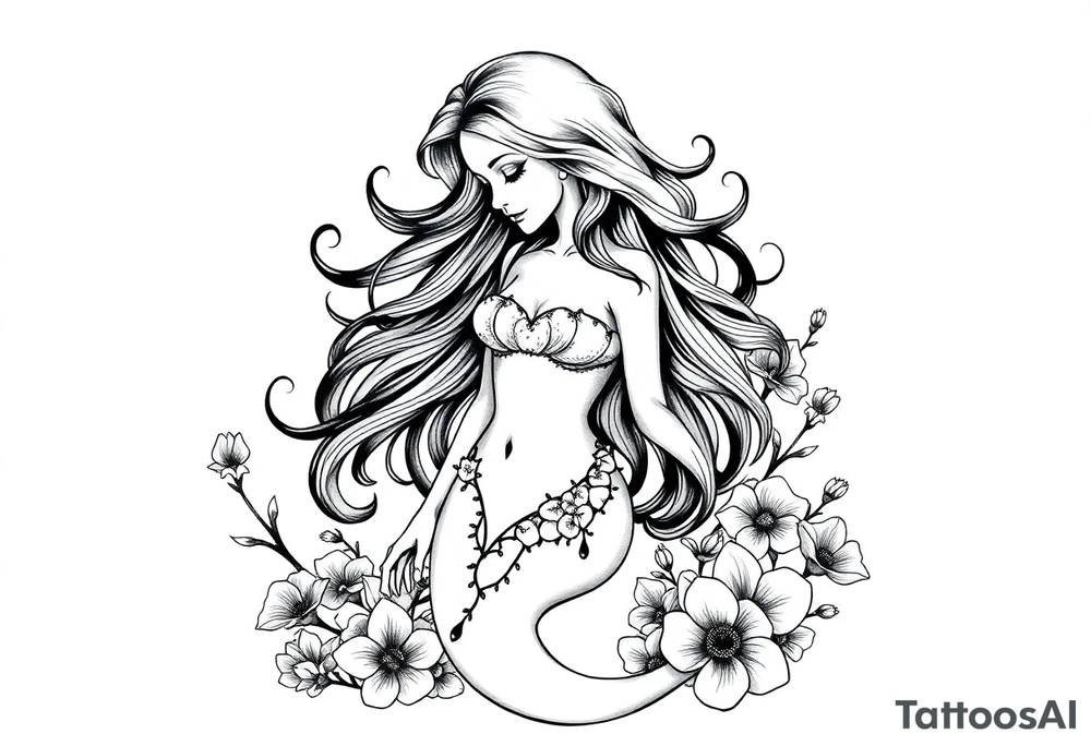 ethereal mermaid with flowing hair among coral and sea flowers tattoo idea