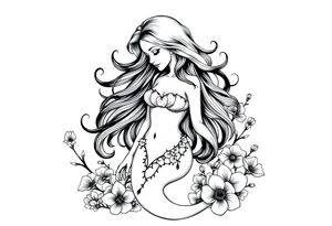 ethereal mermaid with flowing hair among coral and sea flowers tattoo idea
