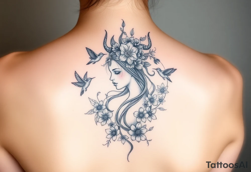 feminine medusa surrounded by hummingbirds and flowers tattoo idea