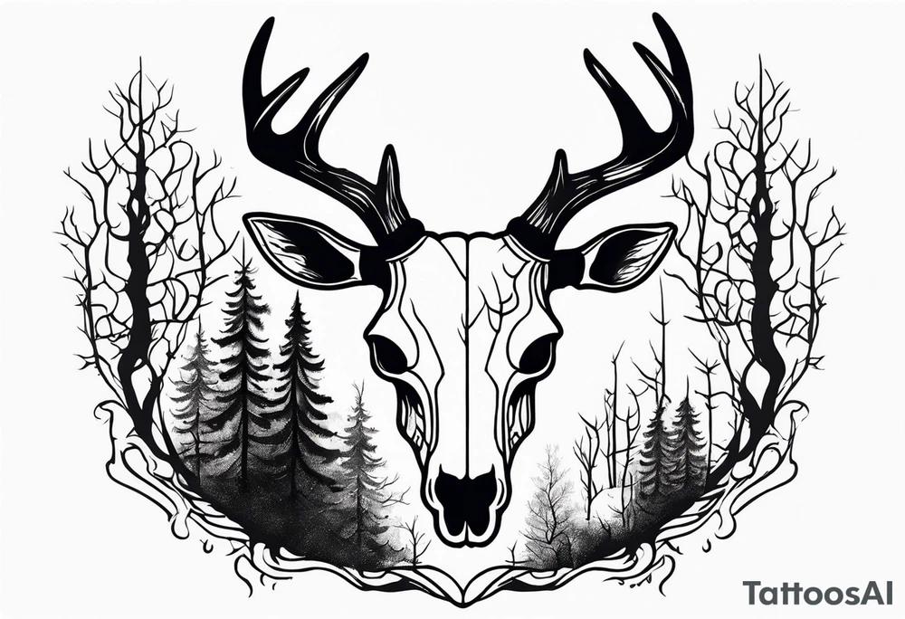 Scary side profile of a DECAYING deer skull JUST BONE surrounded by a flames and trees in background tattoo idea