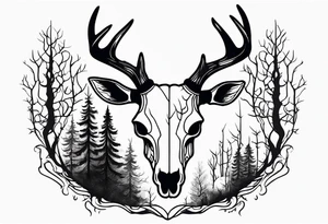 Scary side profile of a DECAYING deer skull JUST BONE surrounded by a flames and trees in background tattoo idea