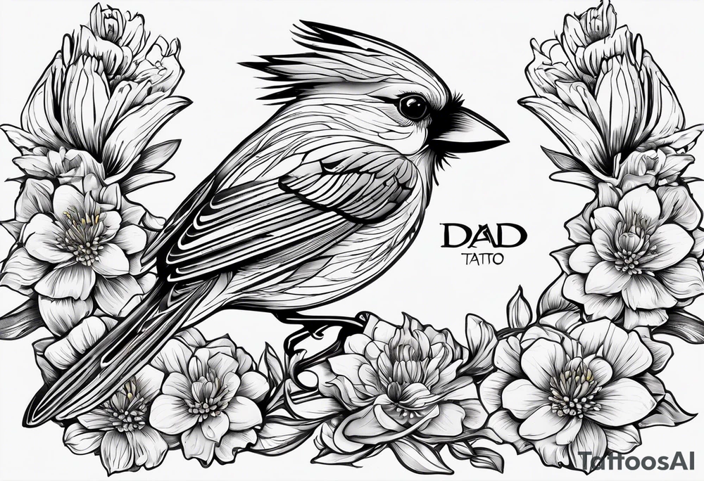 Aster flowers and sea rocket flowers with a cardinal around the words Dad tattoo idea