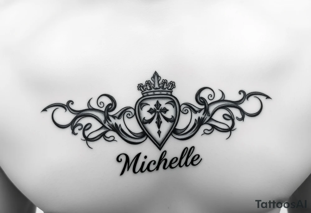 Create a tattoo on a man’s chest if a woman’s name. Claddagh and the name Michelle. tattoo idea