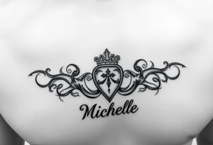 Create a tattoo on a man’s chest if a woman’s name. Claddagh and the name Michelle. tattoo idea