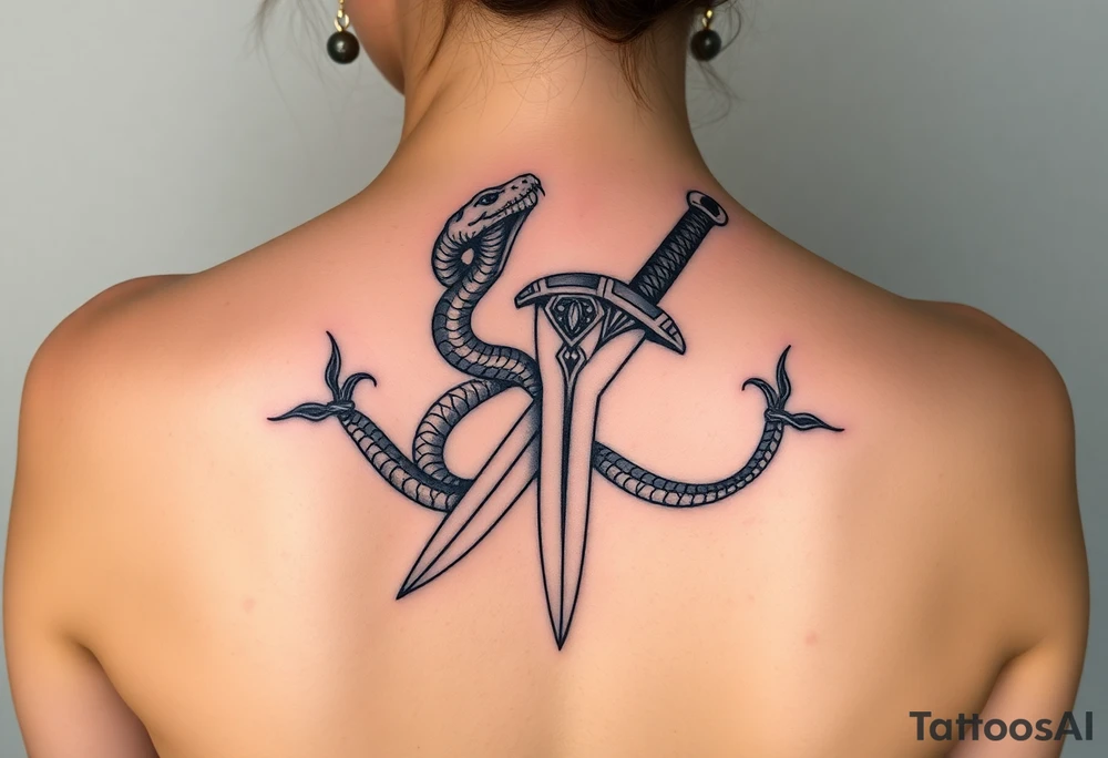 mystical snake coiled around an ancient dagger with jeweled hilt tattoo idea