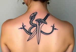 mystical snake coiled around an ancient dagger with jeweled hilt tattoo idea