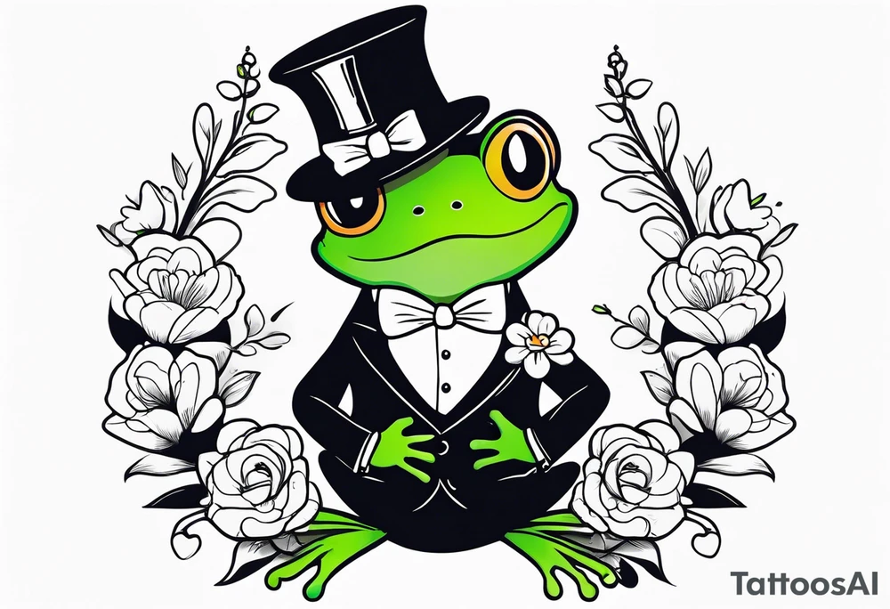 Cute Frog wearing top hat and a suit standing on its Back legs while holding flowers tattoo idea