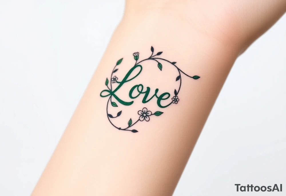 A vine-like infinity sign in deep emerald green, with small flowers blooming around "Love," symbolizing growth and an everlasting bond tattoo idea