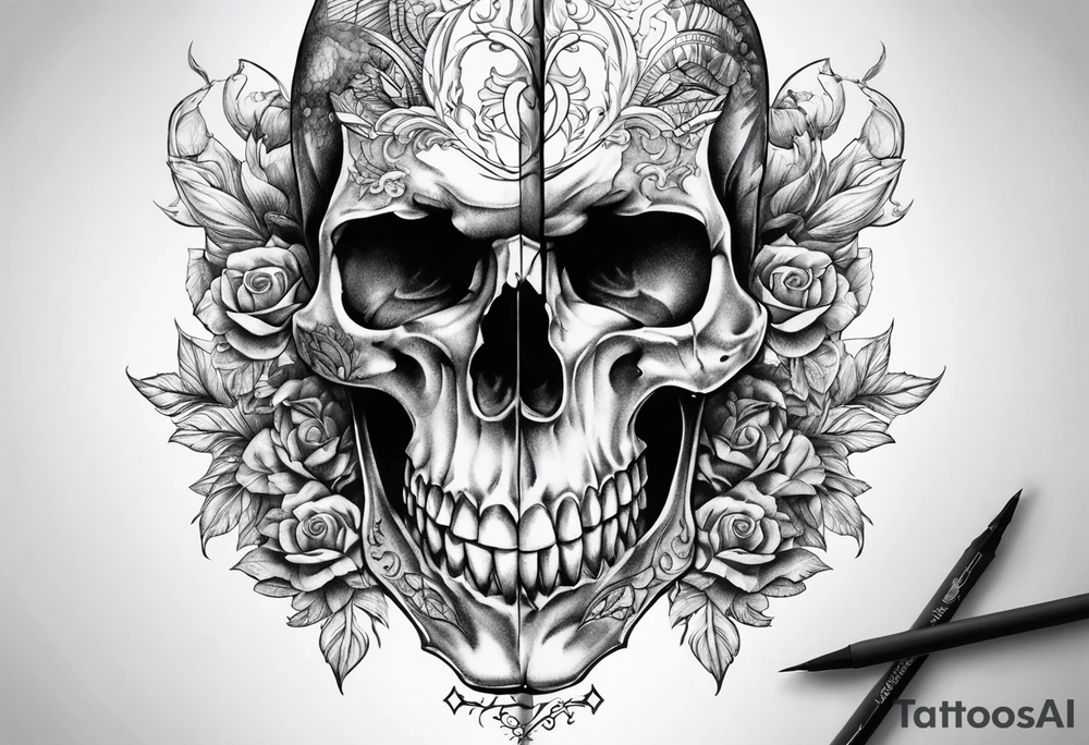 Skull split in two half’s tattoo idea
