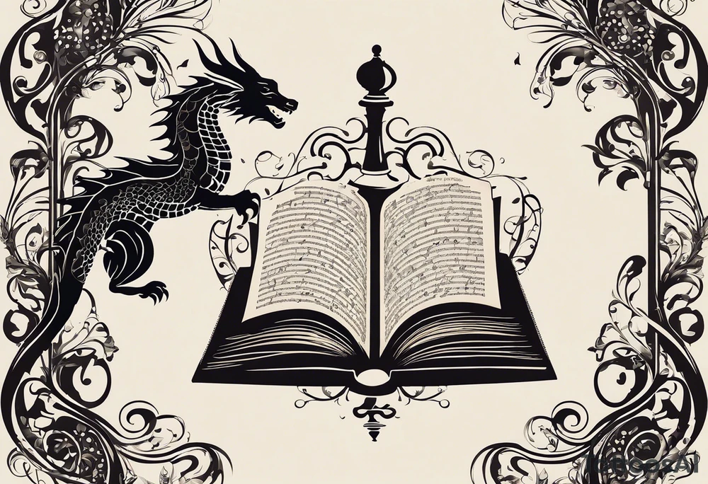 Design an intricate tattoo featuring a whimsical open book with pages that appear to flutter, as if caught in a gentle breeze. Above the book, a delicate small dragon silhouette, playfully spirals in the air. To the right, a pawn chess piece stands proudly. Just above, a singular, swirling music note dances, emanating a sense of melody and rhythm. On the left corner of the book, a majestic raven, cloaked in midnight hues, gazes contemplatively, feathers ruffled by an unseen wind. Below, a vibrant cluster of lavender flowers blooms, with a charming bumblebee hovering nearby, its wings a blur of golden energy. The entire composition intertwines elements of fantasy and nature, celebrating the magic of storytelling and creativity. tattoo idea