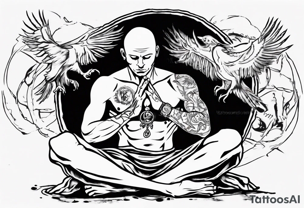 Peaceful warrior kneeling down on one knee. One hand is feeding the weak. One hand is holding the world up above his shoulders. tattoo idea