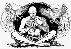 Peaceful warrior kneeling down on one knee. One hand is feeding the weak. One hand is holding the world up above his shoulders. tattoo idea