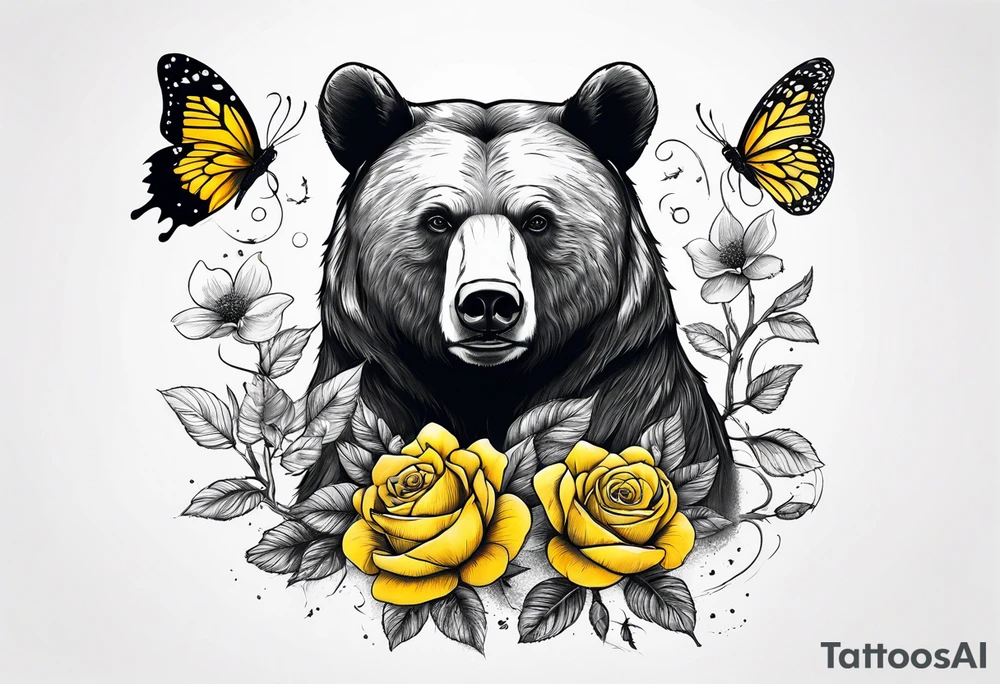 A bear sitting under the tree of life with three yellow roses, and three butterflies tattoo idea