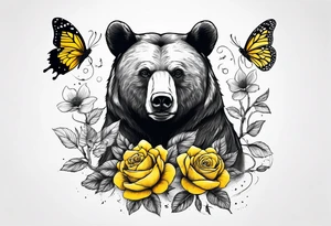 A bear sitting under the tree of life with three yellow roses, and three butterflies tattoo idea