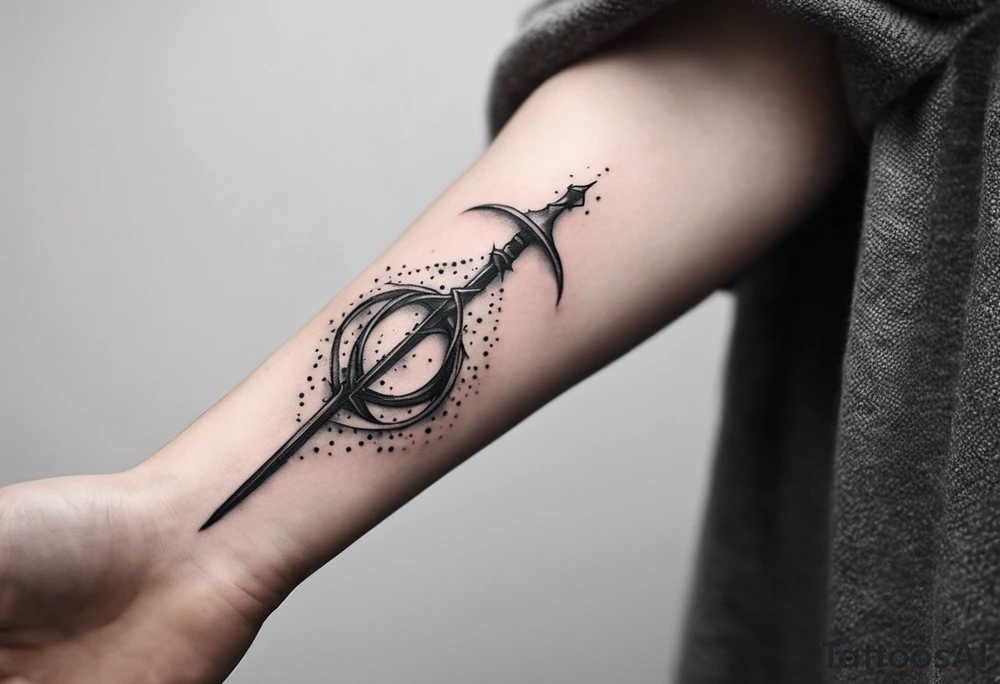 Lord of the rings with Harry Potter incorporated but clear visual of both movies. Small and minimal. Something like the deathly hallows symbol made out of swords and wizard staff from LOTR tattoo idea