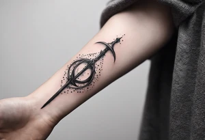 Lord of the rings with Harry Potter incorporated but clear visual of both movies. Small and minimal. Something like the deathly hallows symbol made out of swords and wizard staff from LOTR tattoo idea