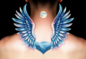 Night sky with constellation, stars  & moon seen from a frame of natural landscape angel wings spiritual tattoo idea