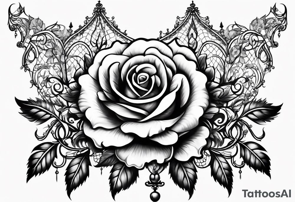 A chandelier style rose with Gothic Victorian lace on shoulder tattoo idea