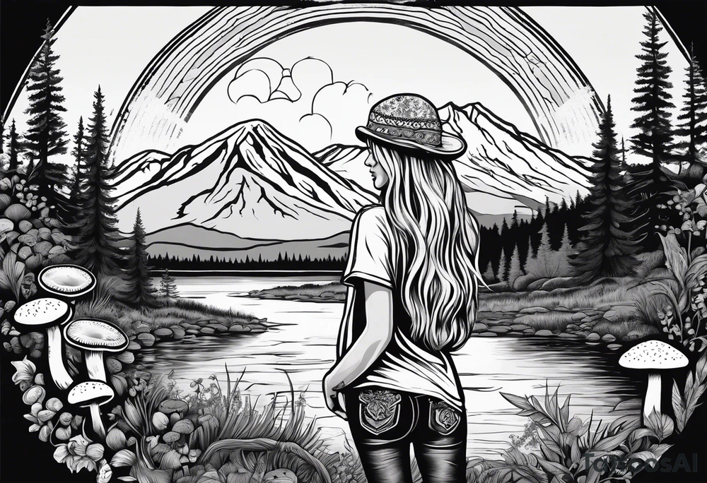 Whole picture encircled fully

Straight long blonde hair hippie girl in distance holding mushrooms in hand facing away toward mountains and creek surrounded by mushrooms long sleeve shirt and hiking pants; whole rendering within a full circle, no cut off circle tattoo idea