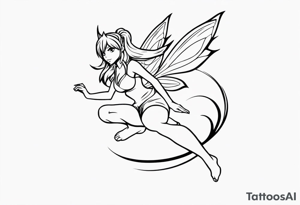 No color fairy with a tail inspired by the logo of the anime show called Fairy Tail in a fetal position leaning in and forward while in the air floating tattoo idea