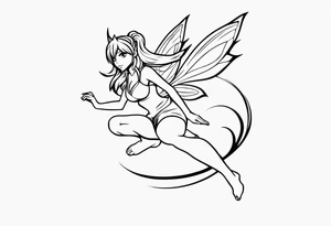 No color fairy with a tail inspired by the logo of the anime show called Fairy Tail in a fetal position leaning in and forward while in the air floating tattoo idea
