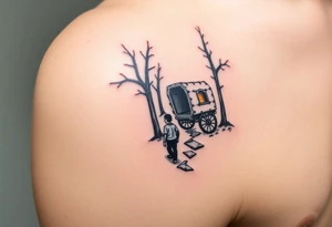 A boy walking up a forest path, DnD inspired, broken down carriage, tavern, glowing tunnel tattoo idea