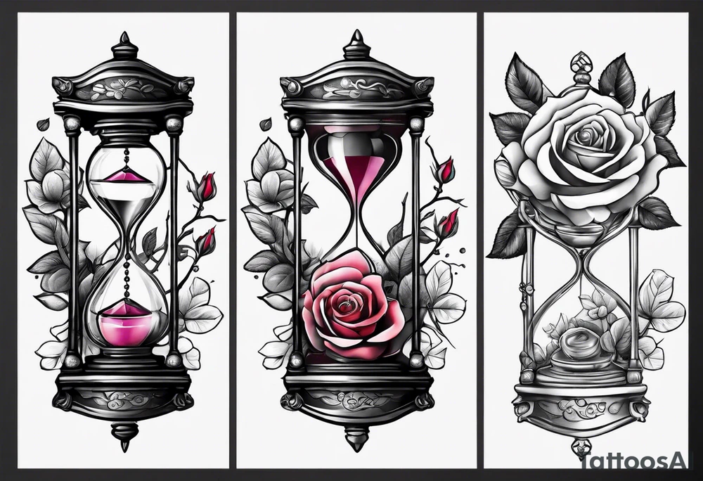 Rose on hourglass with sakura tree inside tattoo idea