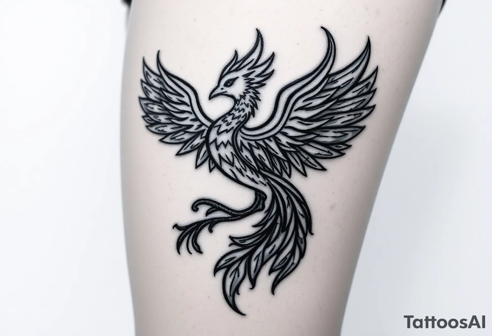 majestic fiery phoenix surrounded by fire. with a crown of fire flapping wings with a flaming tail tattoo idea