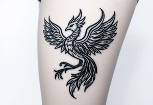 majestic fiery phoenix surrounded by fire. with a crown of fire flapping wings with a flaming tail tattoo idea