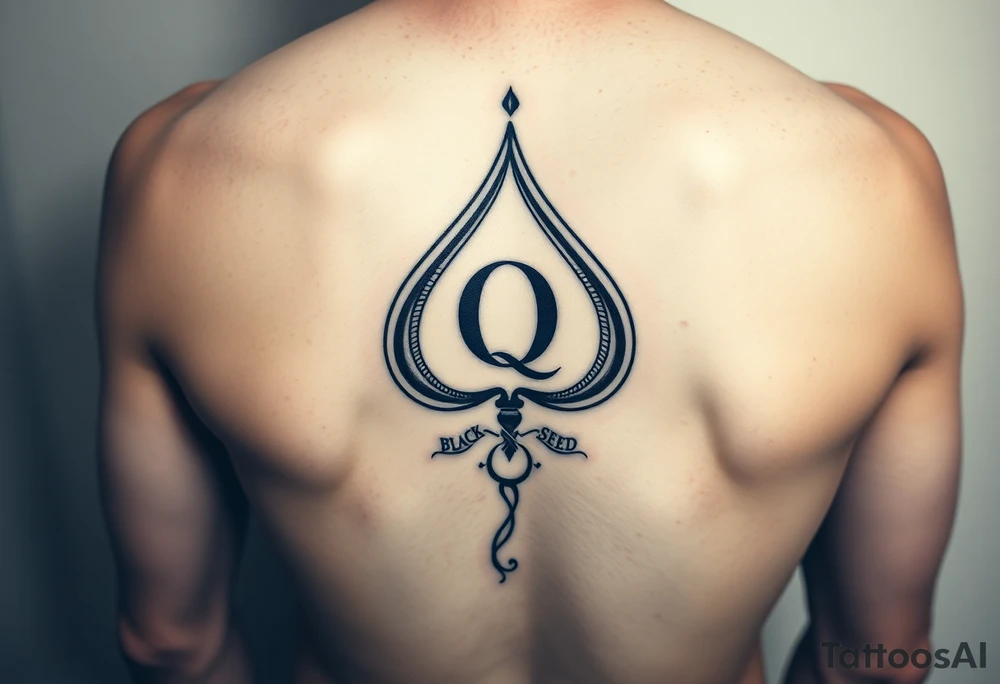 A spade womb tattoo with a Q in the center, with three points around the outside. The first reading, "BLACK". The second reading, "SEED". The third reading, "ONLY". A winding tail at the bottom of the spade. tattoo idea