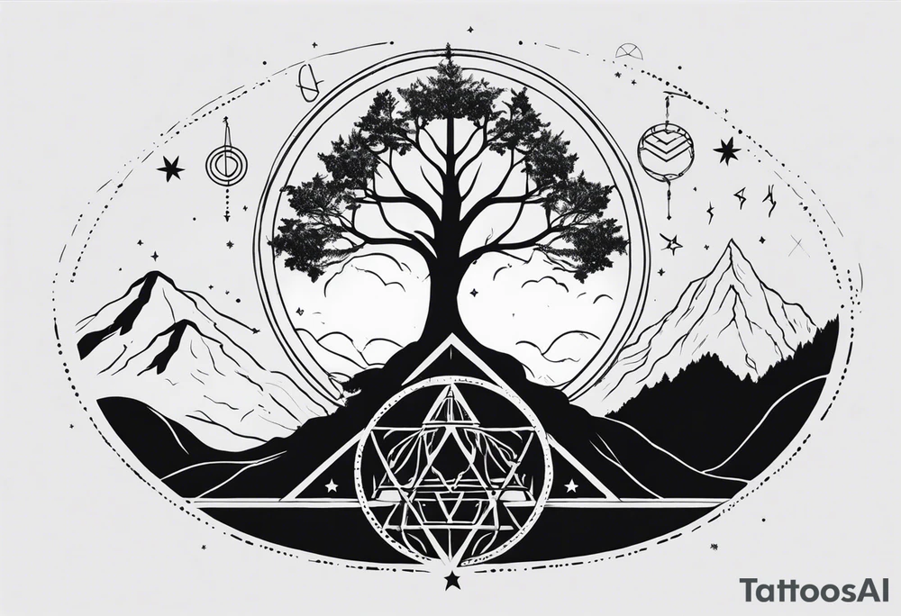 Tree of Life with DNA and Deathly Hallows Symbol and Velaris Mountains and Stars tattoo idea