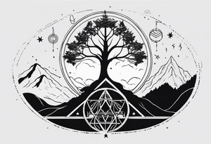 Tree of Life with DNA and Deathly Hallows Symbol and Velaris Mountains and Stars tattoo idea