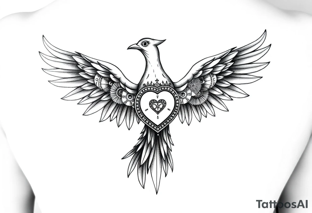 A stylized phoenix rising with feathers composed of intricate clock gears and mechanical parts. The chest reveals a glowing clockwork heart symbolizing emotional depth, love, and resilience amidst anxiety. The design combines fine line and dotwork detailing on the mechanical elements with bold, clean lines for the phoenix silhouette. Minimal shading emphasizes contrast and highlights the glowing heart. tattoo idea