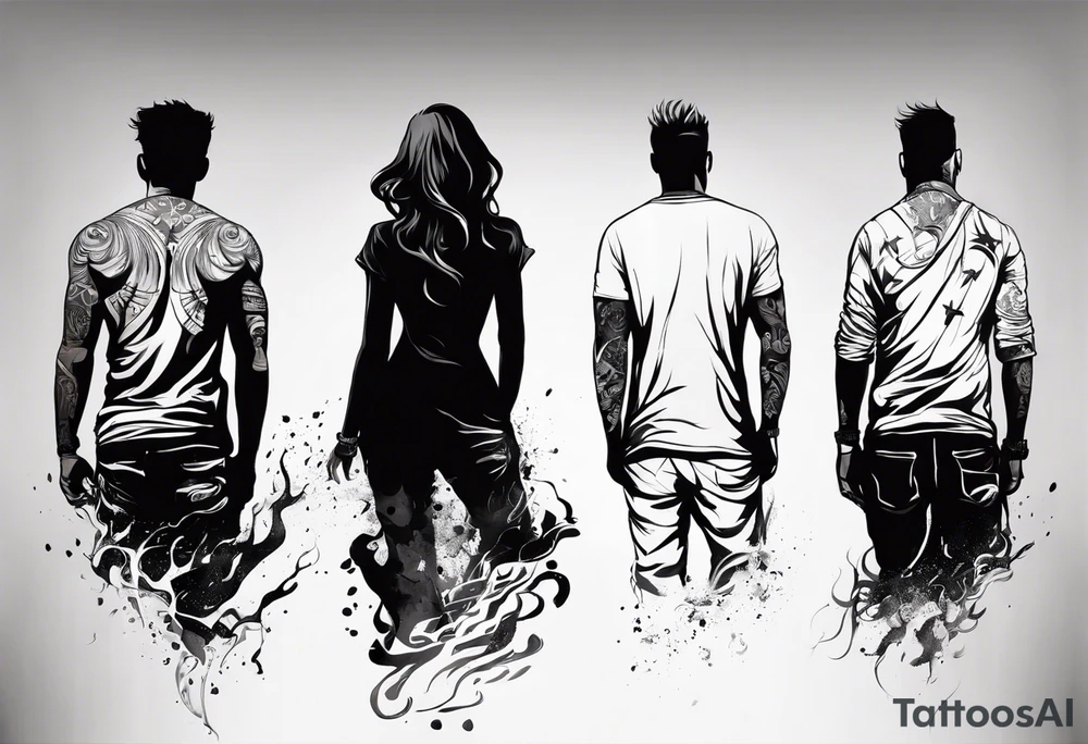 2 Black shadows of people standing over 2 wounded black shadows of people tattoo idea