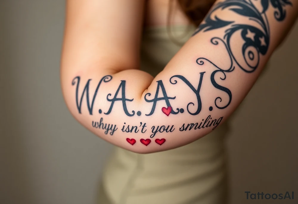 W.A.Y.S spelled out with why aren’t you smiling under neath it with hearts with 444 tattoo idea